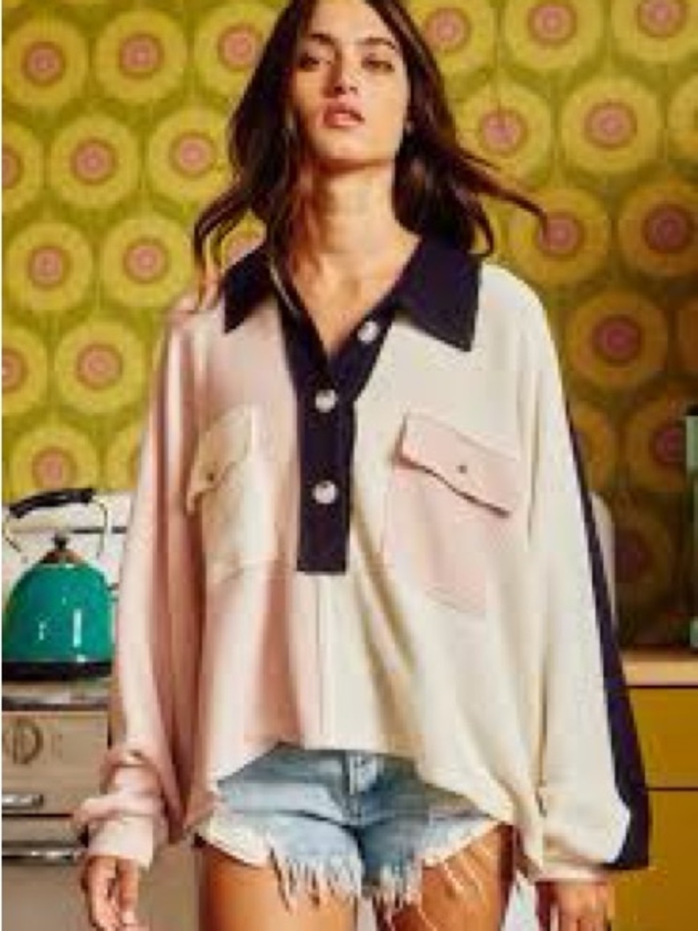 BUCKETLIST brand Two-Tone Pink and Black Button-Front Women's Top